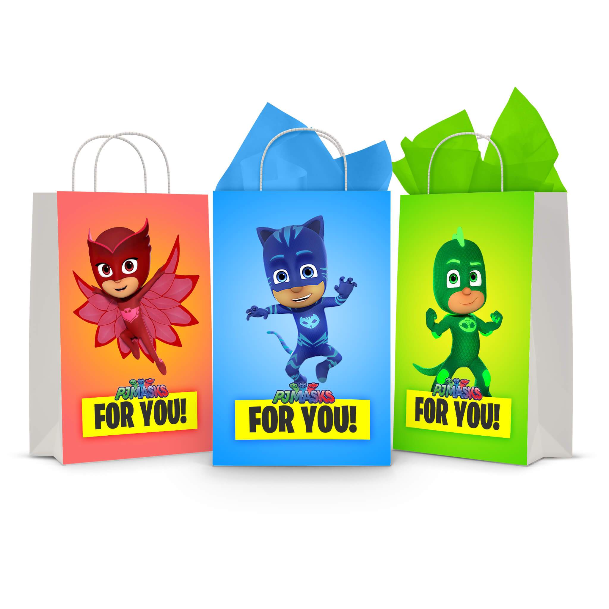 Three printable PJ Masks goodie bag fronts on paper party bags — Owlette on red, Catboy on blue and Gekko on green, each with the "For You!" banner.