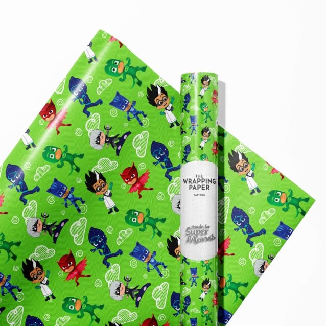 Edge-to-edge print detail of the PJ Masks heroes on the wrapping paper.