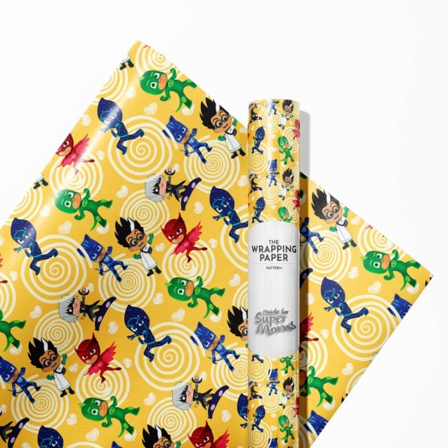 Action-packed scene with Catboy, Owlette, and Gekko printed on the gift wrap.