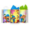 Three printable Pocoyo goodie bag fronts on paper party bags — Pocoyo with Pato, Pocoyo with the whole gang including Loula and Sleepy Bird, and Pocoyo with Nina.