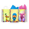 Three printable Pocoyo goodie bag fronts on paper party bags — Pato the yellow duck, Pocoyo with his football, and Elly the pink elephant, each in a bright colour-block border.