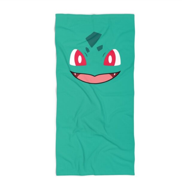 Shown here at 30 inches by 60 inches, the Bulbasaur beach towel in soft quick-dry terry.
