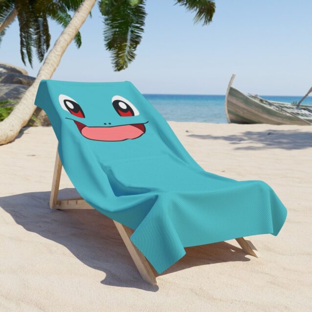 Close-up of the Squirtle design on a custom beach towel with a soft one-sided print.