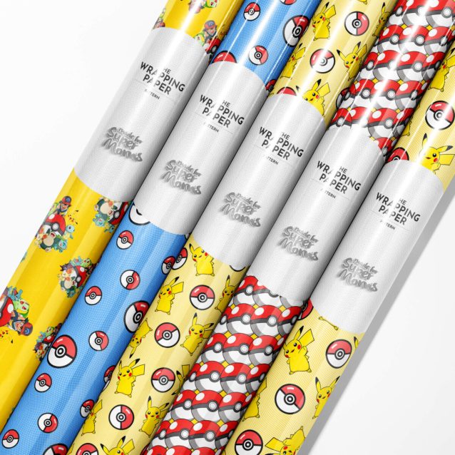 Close-up of high-quality 90 GSM Pokemon gift wrap texture.