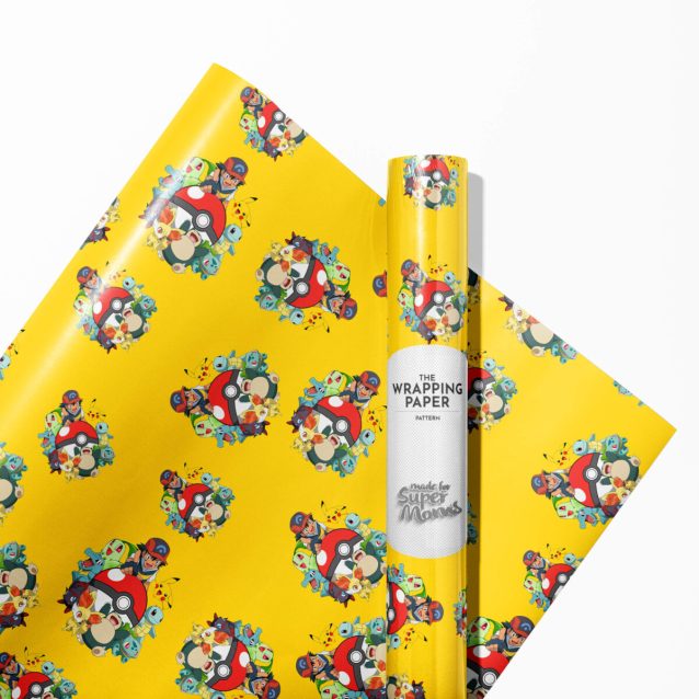 Roll of glossy Pokemon wrapping paper featuring Pikachu and Ash.