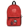 Front display view of the crimson red variant Among Us school bookbag featuring a large central graphic print of the red character in space