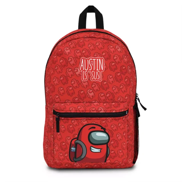 Front display view of the crimson red variant Among Us school bookbag featuring a large central graphic print of the red character in space