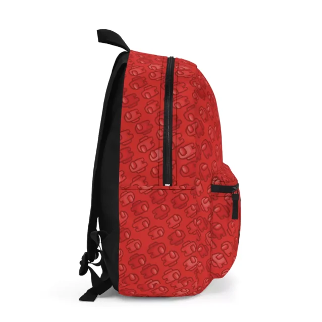 Front view of a red backpack for children, decorated with a repeating pattern of Red, Blue, and Yellow Among Us crewmates.