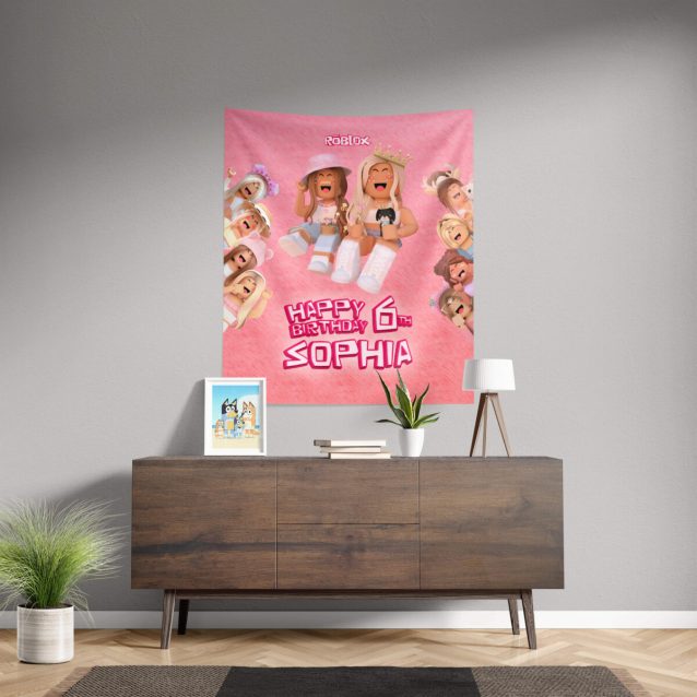 Vibrant Roblox birthday banner with popular game characters and themes.