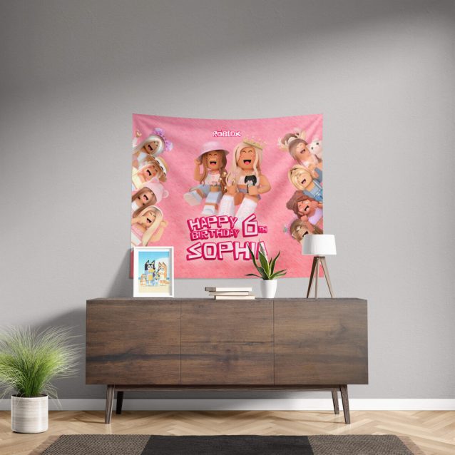 Close-up of the durable cotton linen material of the Roblox birthday banner.