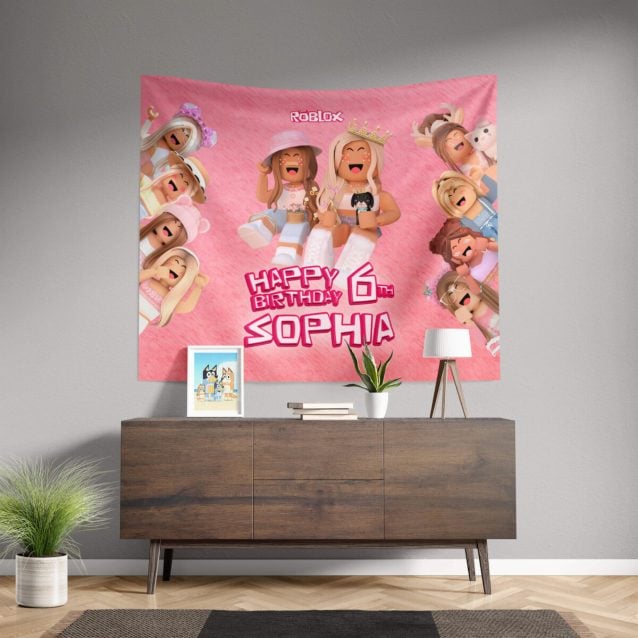 Outdoor setup of a tear-resistant Roblox birthday banner.