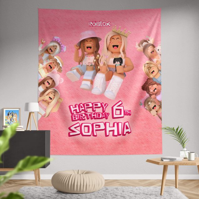 Child smiling in front of their custom Roblox name and age birthday banner.