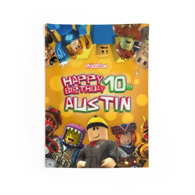 Collection of Roblox party supplies including the birthday banner.