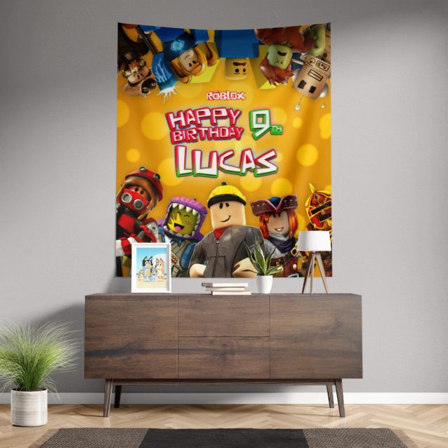 Detailed view of the high-quality printing on the Roblox birthday banner.