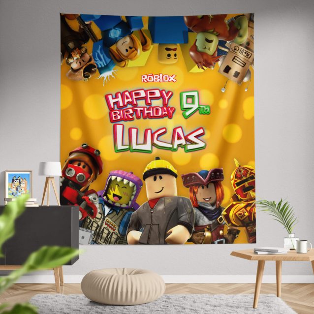 Before and after: plain party space transformed with a Roblox birthday banner.