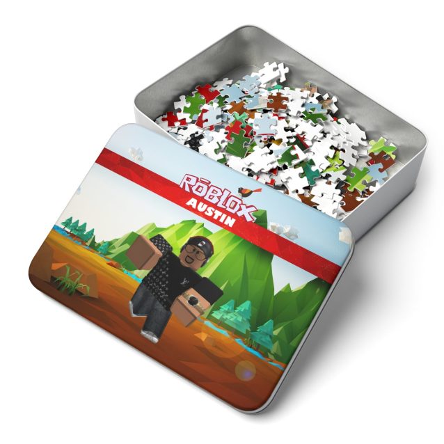 A family working together to assemble a custom Roblox avatar puzzle on a table.