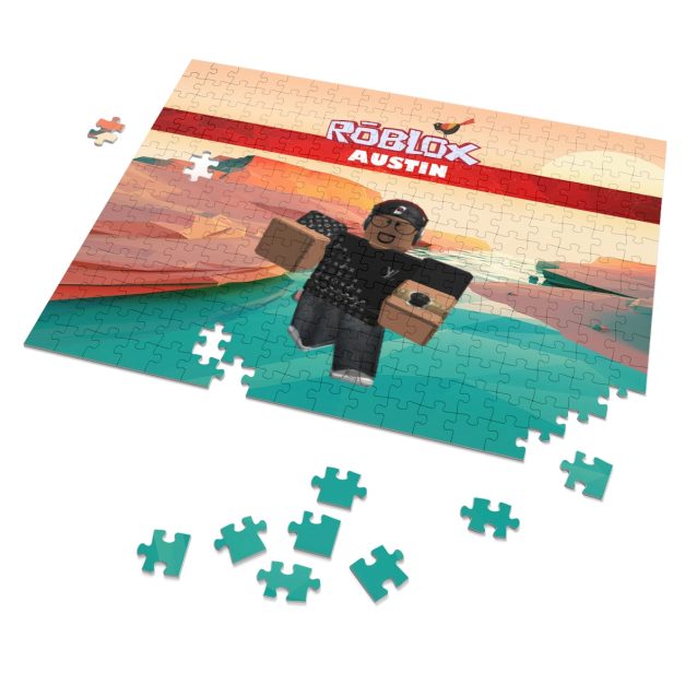 Close-up on the premium metal tin for the personalized Roblox jigsaw puzzle.