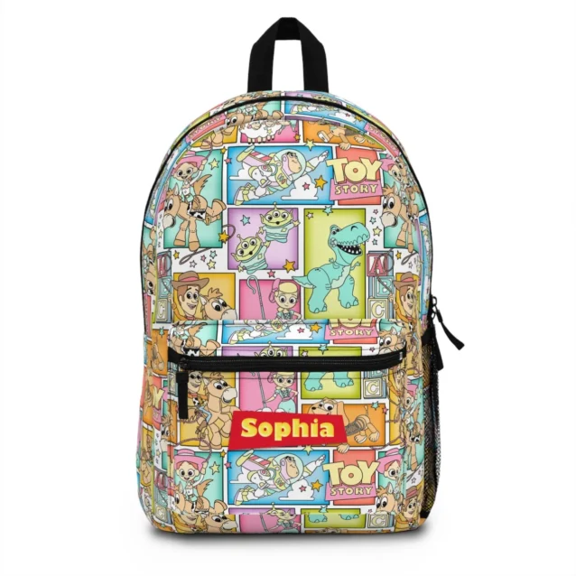 Personalized Pizza Planet green aliens mini backpack for toddlers crafted from wipeable waterproof canvas.