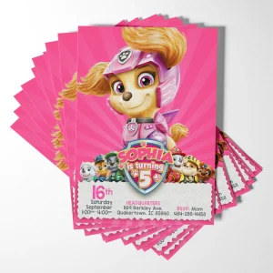Pink Skye Paw Patrol Invitation Design: Skye in her adventurous pose on the invitation