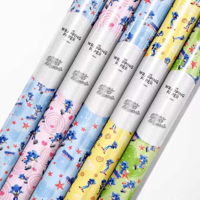 Roll of official Sonic the Hedgehog wrapping paper with a glossy finish.