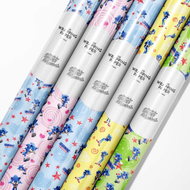 Roll of official Sonic the Hedgehog wrapping paper with a glossy finish.
