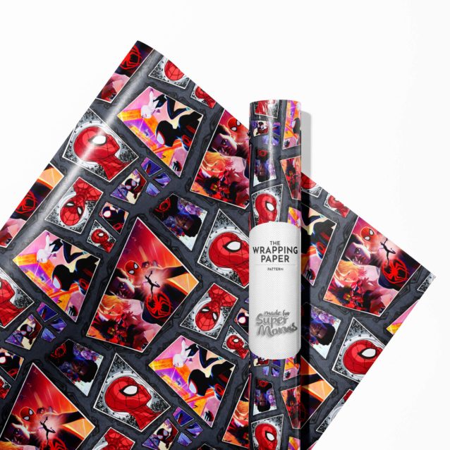 Full view of the SpiderVerse Original gift wrap, featuring a dynamic comic panel layout with multiple characters.