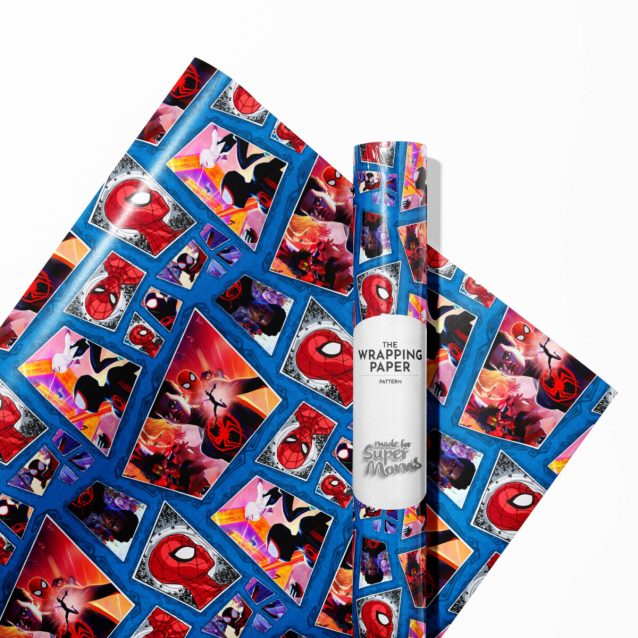 A stack of gifts wrapped in various Spiderman paper designs, used as decorations on a party table.