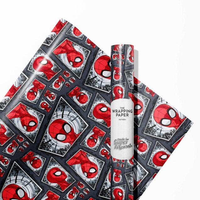 A collage showing four different Spiderman gift wrap designs, including classic comic book and modern Spider-Verse styles.