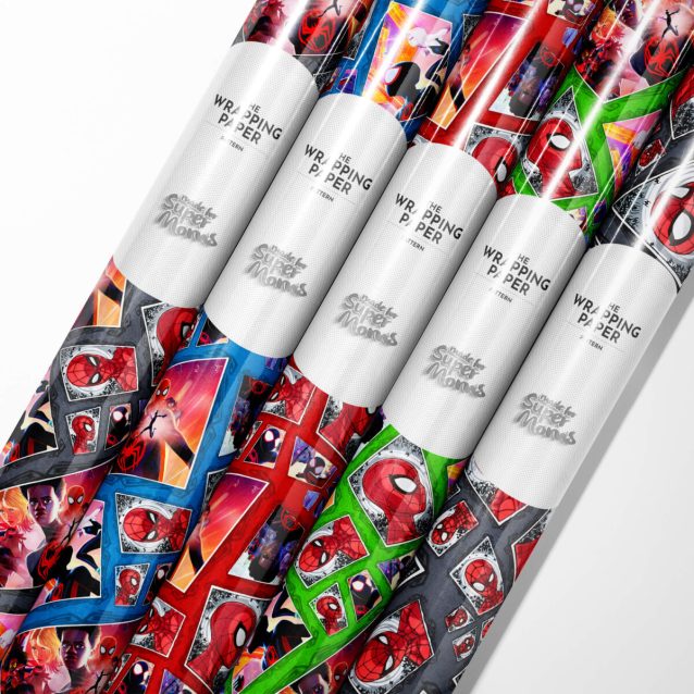 Close-up shot of 90 GSM Spiderman gift wrap, showing the thick paper texture and high-gloss laminated finish.