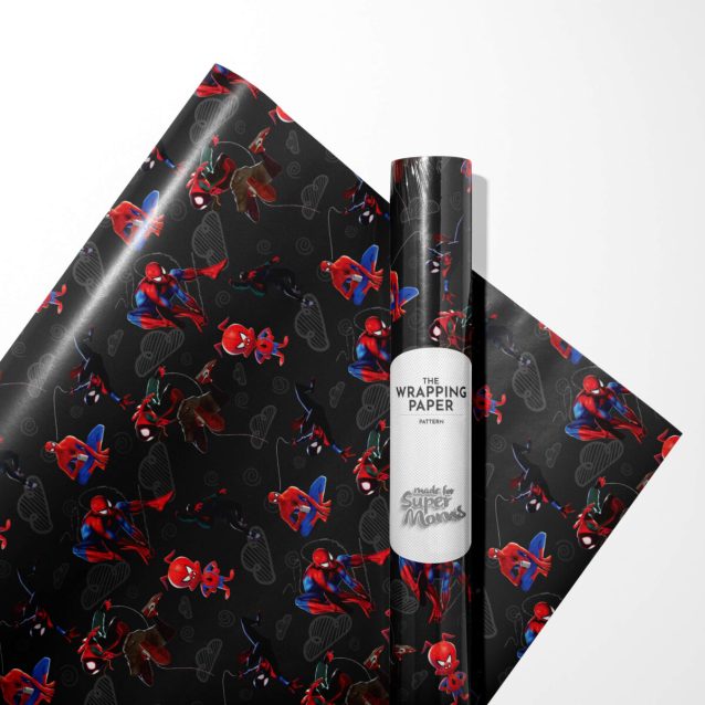 A beautifully wrapped gift using the classic red Spiderman paper, accented with a matching blue bow.