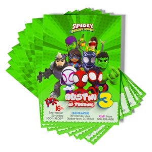 Colorful superhero-themed birthday party invitation featuring Spiderman and his Amazing Friends