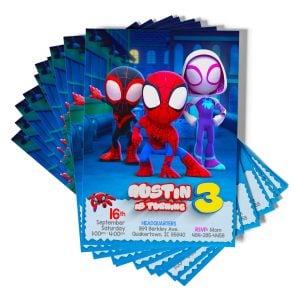 Colorful birthday invitation with Spiderman, Miles Morales, and Gwen Stacy characters. A dynamic design that captures superhero excitement.