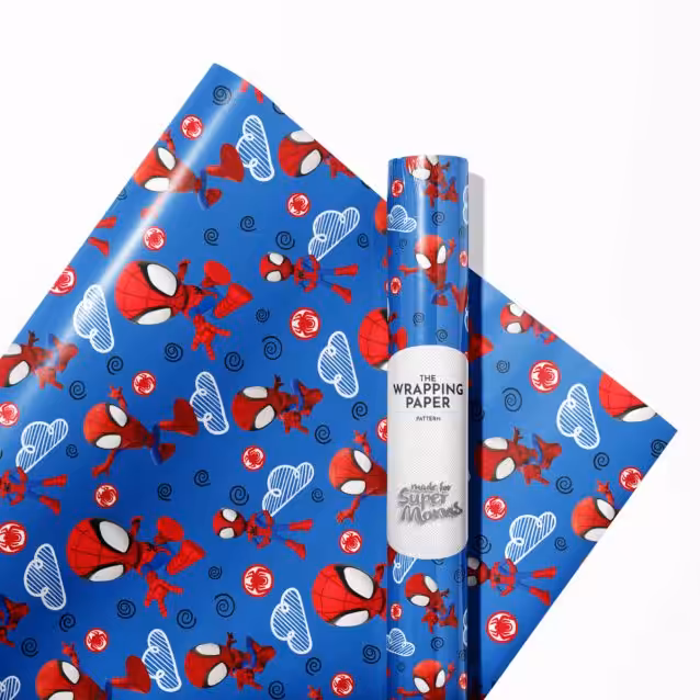 Spidey character featured prominently on the Spidey and His Amazing Friends wrapping paper.