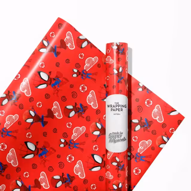 Multiple rolls of Spidey and His Amazing Friends wrapping paper in various sizes.