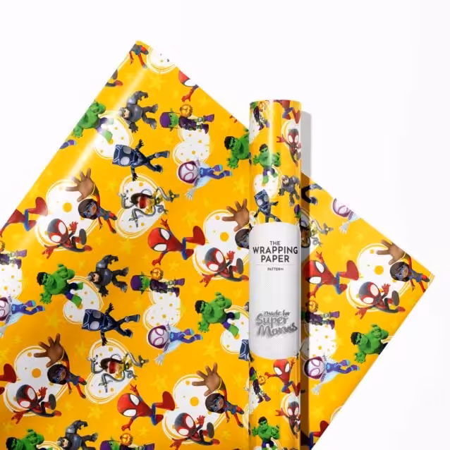 A birthday gift wrapped in Spidey and His Amazing Friends wrapping paper with a colorful bow.