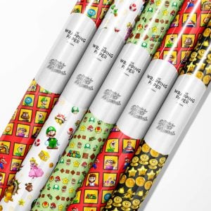 A roll of premium Super Mario wrapping paper with a vibrant, glossy finish.