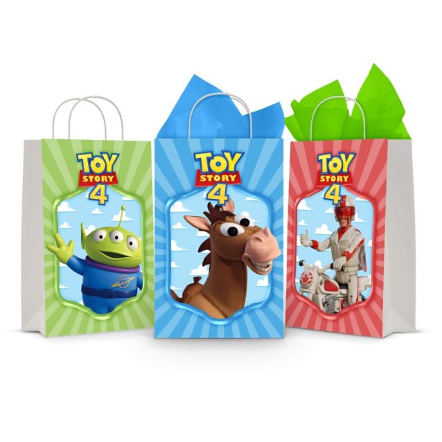 Three printable Toy Story 4 goodie bag fronts on paper party bags — an Alien, Bullseye the horse and Duke Caboom, each a framed portrait under the Toy Story 4 logo.