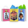Three printable Toy Story 4 goodie bag fronts on paper party bags — Bo Peep, a full-cast front with the whole gang together, and Giggle McDimples, each under the Toy Story 4 logo.
