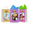 Three printable Toy Story 4 goodie bag fronts on paper party bags — Buttercup the unicorn, Slinky Dog and Lotso the bear, each a framed portrait under the Toy Story 4 logo.