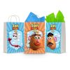 Three printable Toy Story 4 goodie bag fronts on paper party bags — Forky, Mrs. Potato Head and Mr. Potato Head, each a framed portrait under the Toy Story 4 logo.