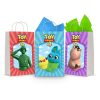 Three printable Toy Story 4 goodie bag fronts on paper party bags — Sarge the army man, Ducky and Bunny, and Hamm the piggy bank, each a framed portrait under the Toy Story 4 logo.