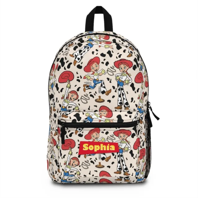 Close up of the heavy-duty smooth-glide zippers on the custom printed Toy Story alien kids daypack.