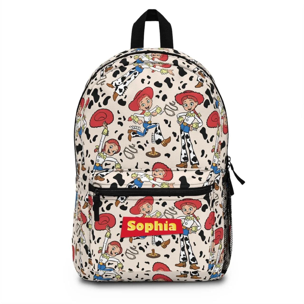 Close up of the heavy-duty smooth-glide zippers on the custom printed Toy Story alien kids daypack.