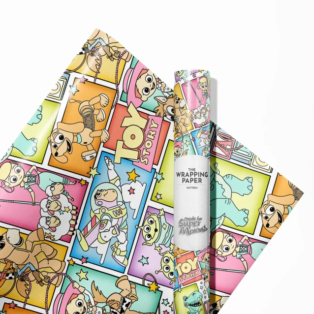 Close-up of Toy Story wrapping paper highlighting the dynamic duo, Woody and Buzz Lightyear. The detailed illustration captures their adventurous spirit, set against a star-filled galaxy background. Excellent for fans of the heroic space ranger and sheriff.