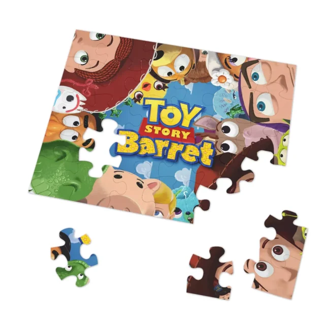 Close-up on Woody and Buzz Lightyear in the finished 100-piece kids' puzzle.