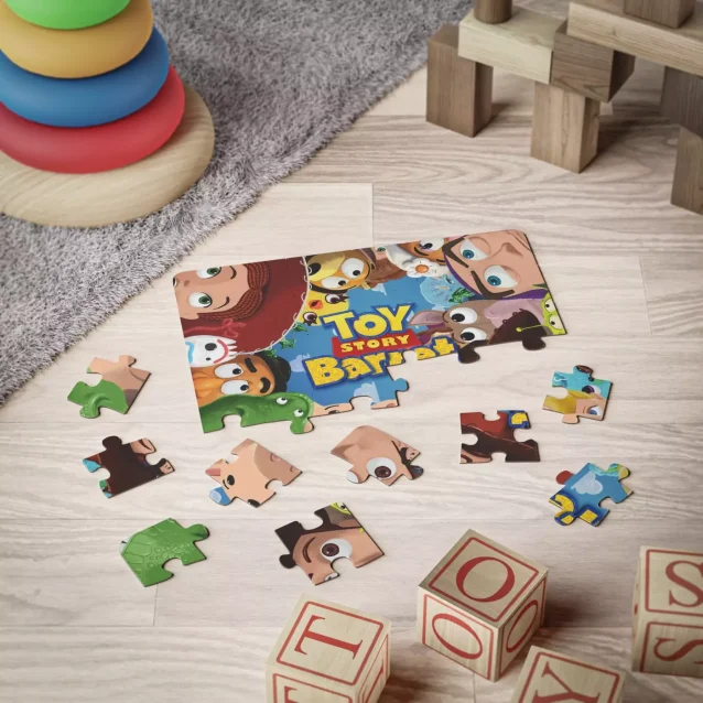 The 19.5 by 14.25 inch finished Toy Story puzzle for children.