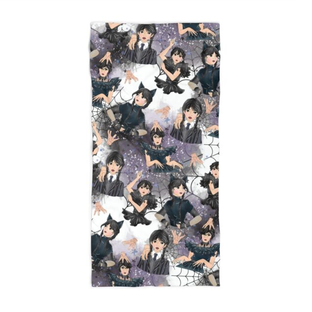 Laid flat, the Wednesday Addams beach towel at 30 inches by 60 inches as a gothic size guide.