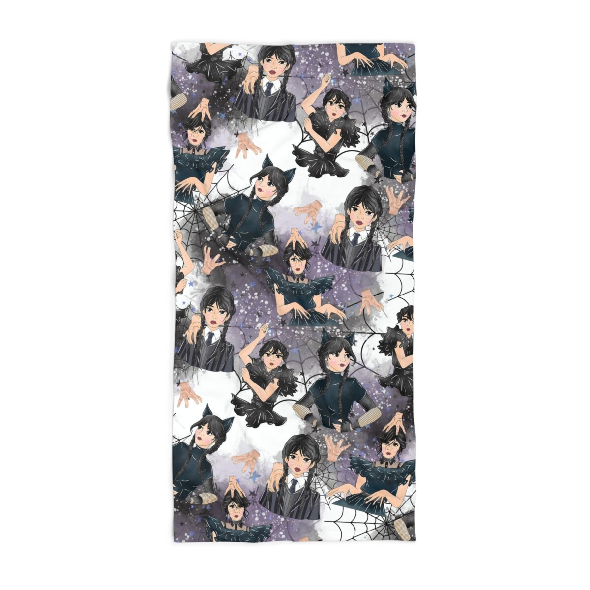 Laid flat, the Wednesday Addams beach towel at 30 inches by 60 inches as a gothic size guide.