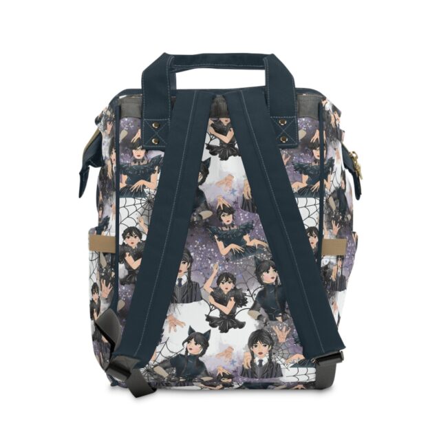 Back view of the Wednesday Addams diaper bag showing the padded back panel and adjustable shoulder straps.