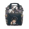 Navy Wednesday Addams diaper bag backpack with a chibi Wednesday on the front pocket and a character collage print, personalized with the baby's name.